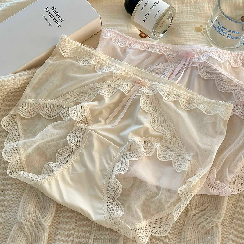 大码性感薄款蕾丝内裤女绸面丝滑拼接舒适镂空透气无痕三角裤头