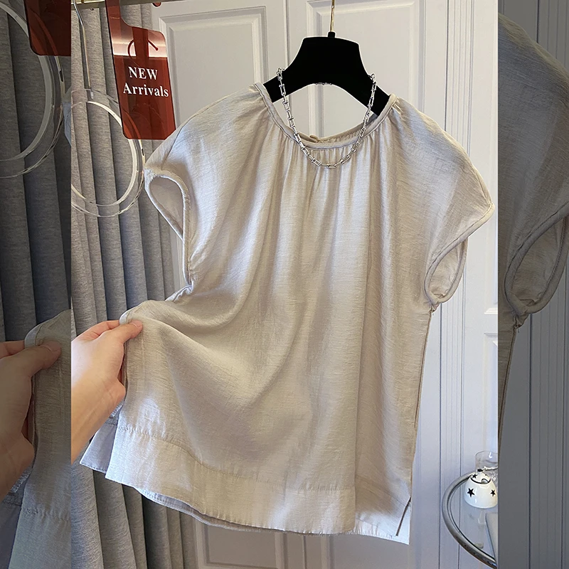 夏季新款圆领纯色肌理感短袖衬衫上衣女装大码宽松慵懒风小衫爆款