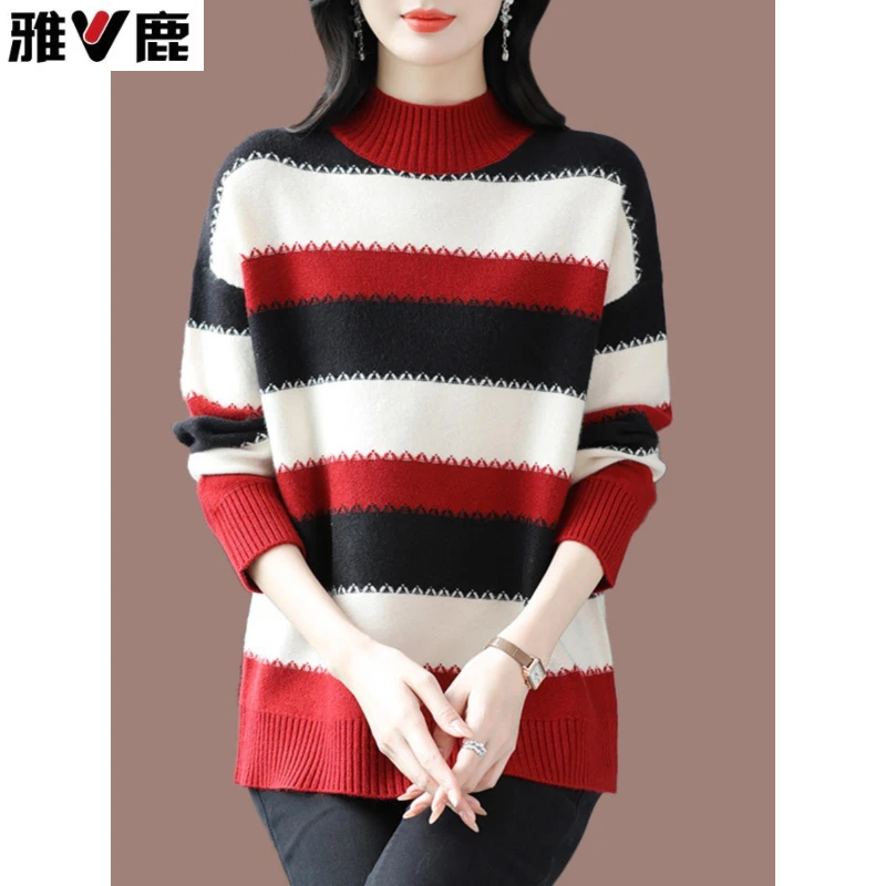 雅鹿今年流行的条纹毛衣女短款时尚胖mm大码羊毛衫2025新款内搭打