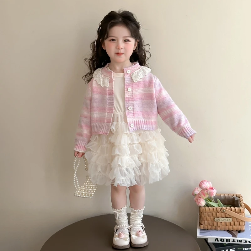 女童春装套装2025新款儿童开衫毛衣洋气公主蛋糕裙宝宝春秋连衣裙