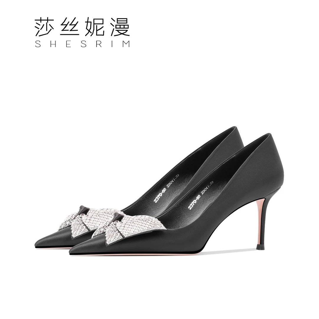 「7CM」秋冬季上新款蝴蝶结浅口尖头细高跟女士高跟鞋性感气质黑色