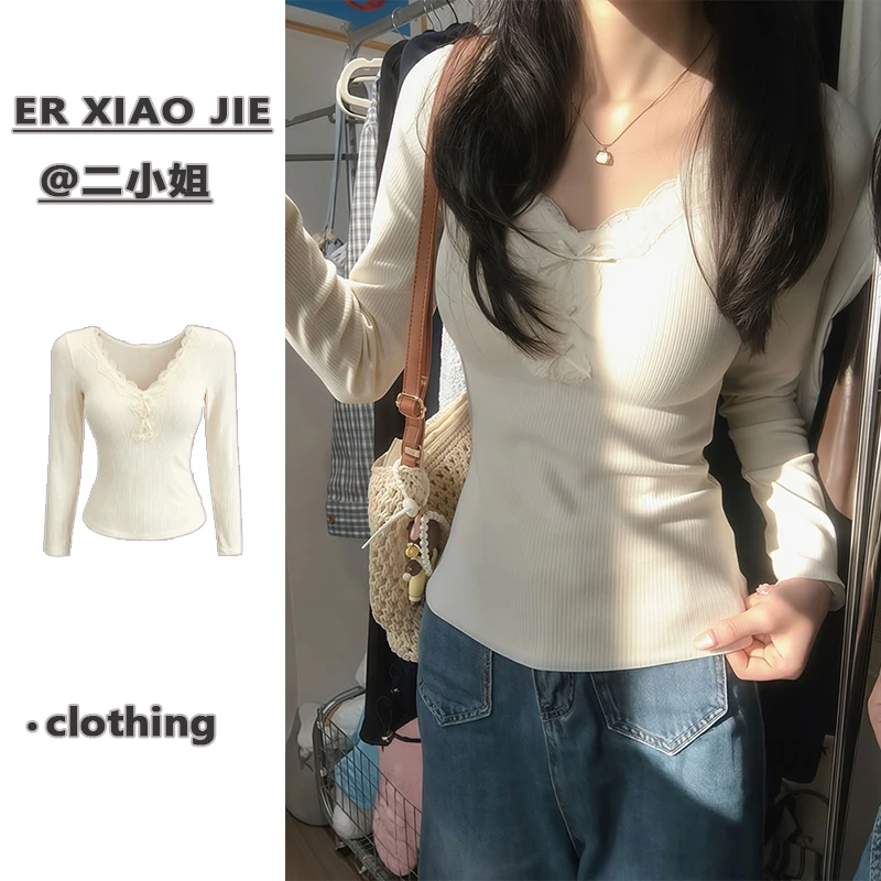 德绒v领加绒加厚显白蕾丝打底衫女修身显瘦设计感秋冬保暖长袖t恤