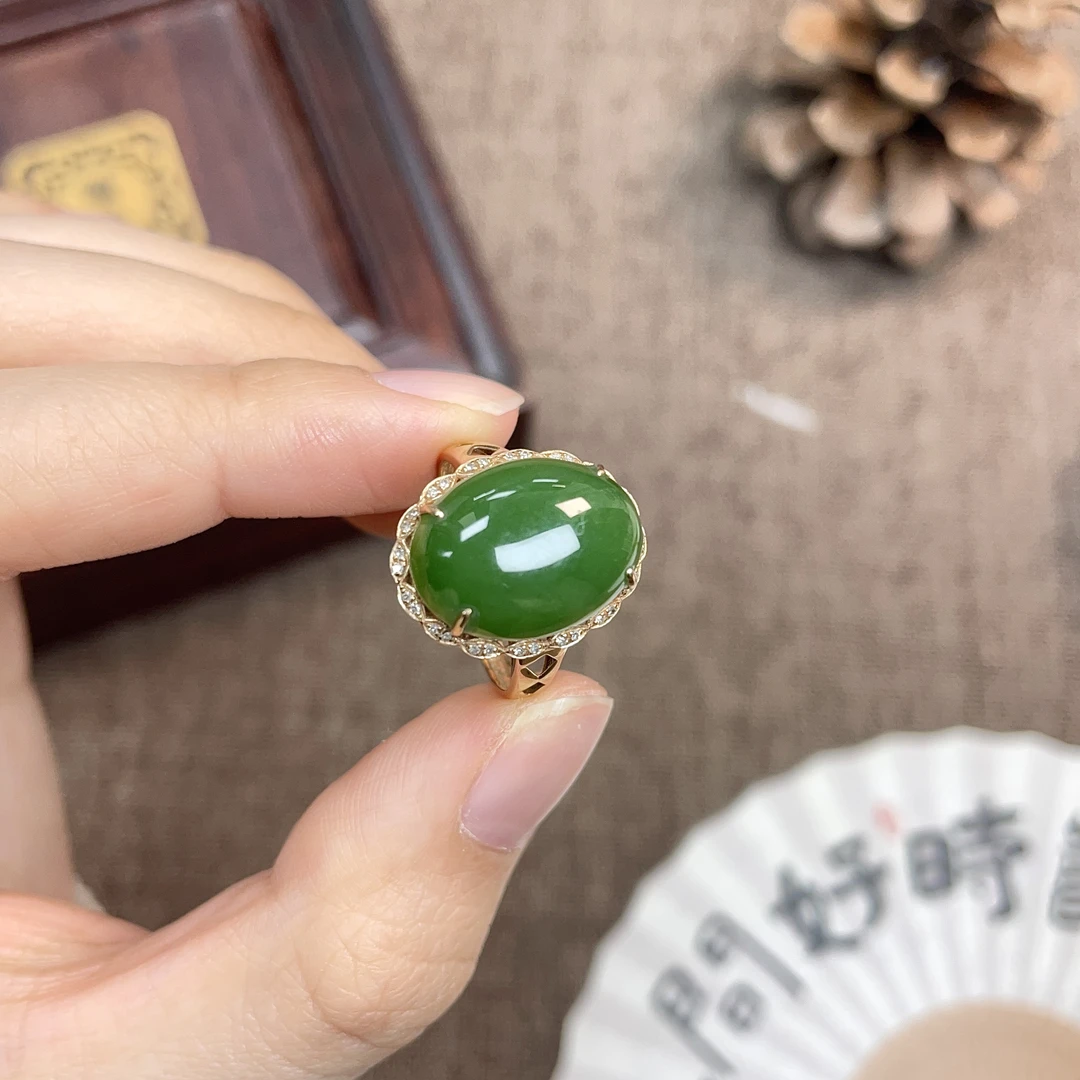 【碧玉蛋面戒指】和田玉碧玉蛋面戒指 18K金镶嵌 天然保真 俄料