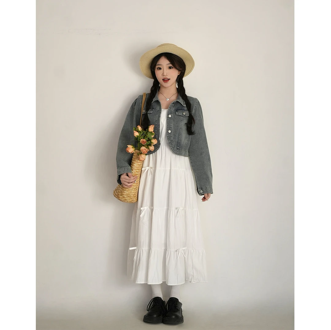 洋洋子【实穿主义】纯色长裙牛仔衣短外套气质连衣裙两件套收腰显瘦