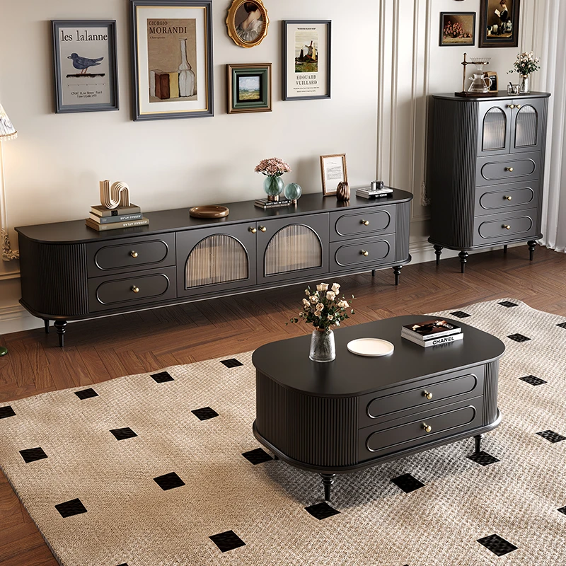 实木烤漆电视柜法式复古风圆角防撞多功能储物客厅电视柜电视机柜