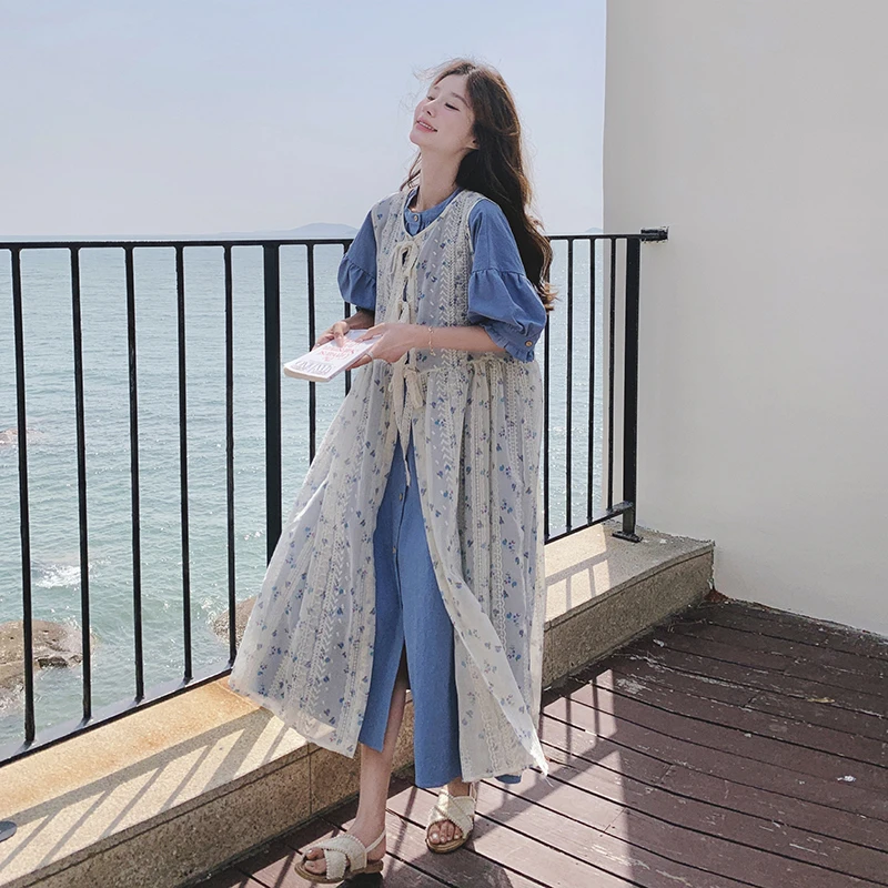 蓝色衬衫裙碎花罩衫两件套女2025夏季新款小清新氛围感穿搭一整套