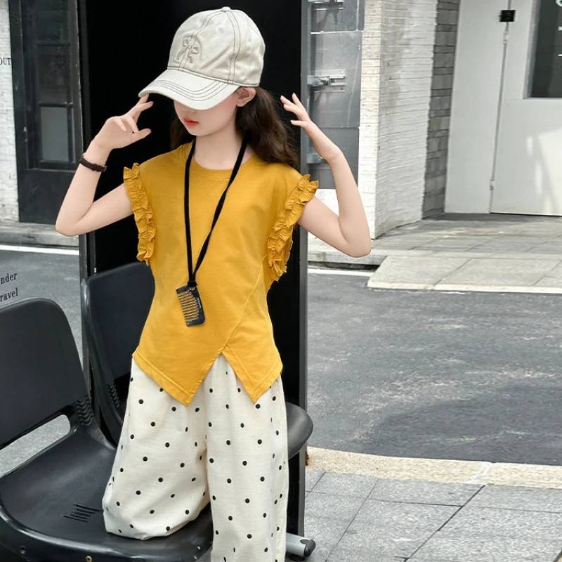 女童夏装套装2025新款大儿童洋气薄款无袖娃娃衫波点阔腿裤两件套
