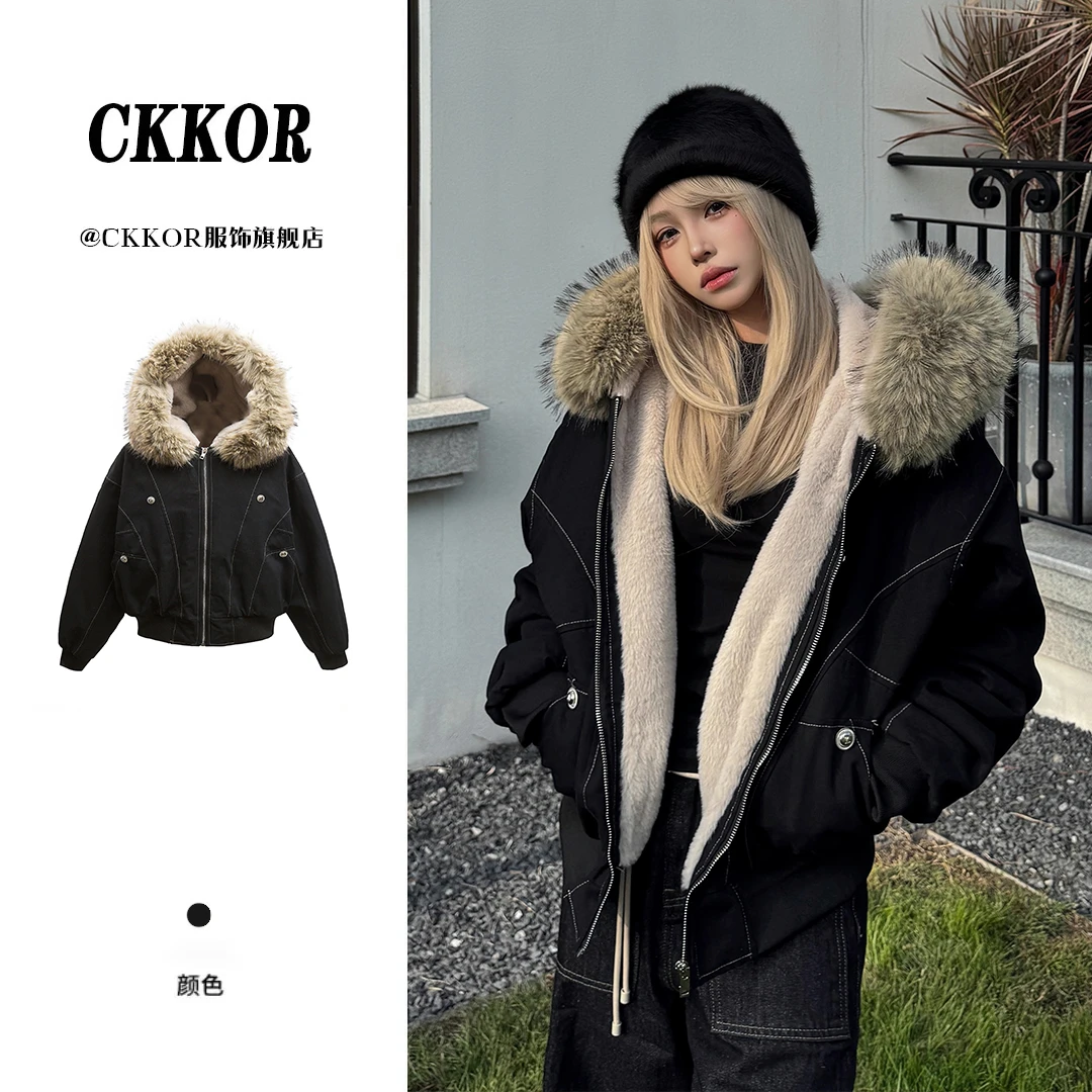 CKKOR新款潮牌ins痞帅炸街风加厚派克服男女短款毛领连帽工装棉衣