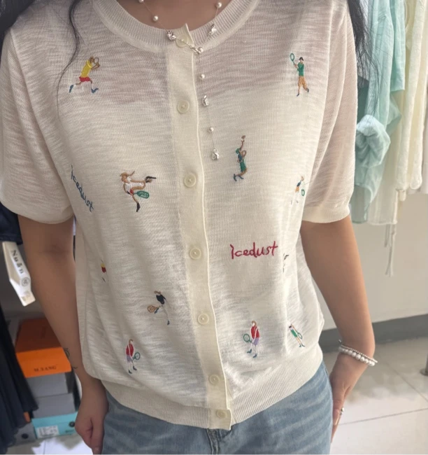 套头款女适中开衫款刺绣毛针织衫显瘦上衣夏季muji风