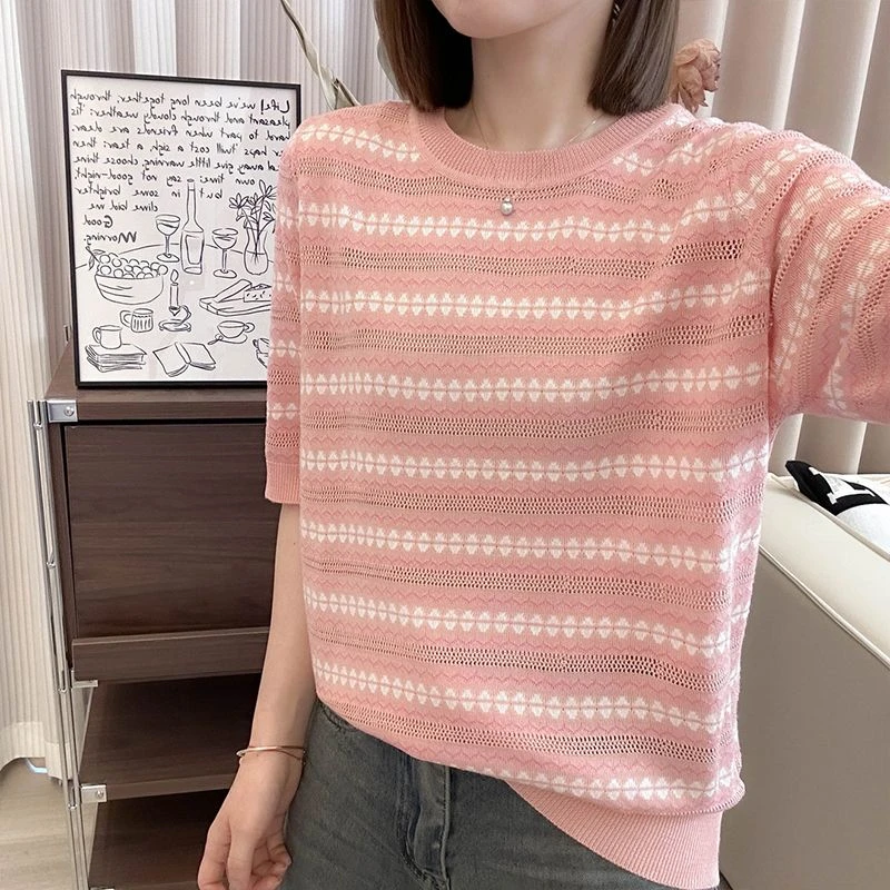 外贸原单女装清仓短袖T恤女宽松韩版大码遮肚上衣条纹百搭针织衫