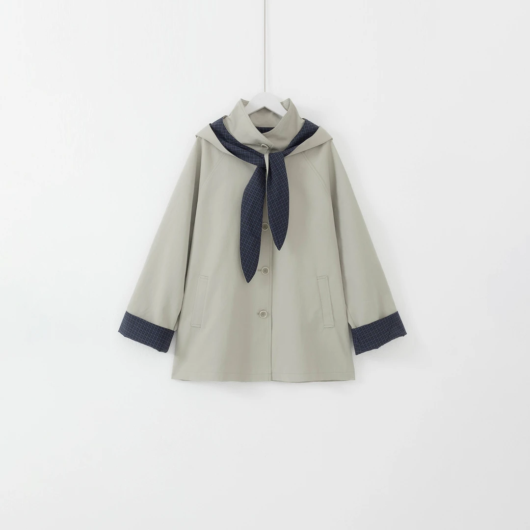 几里与麻 设计感兔耳帽可拆撞色风衣外套 衣长75胸围134 2091544