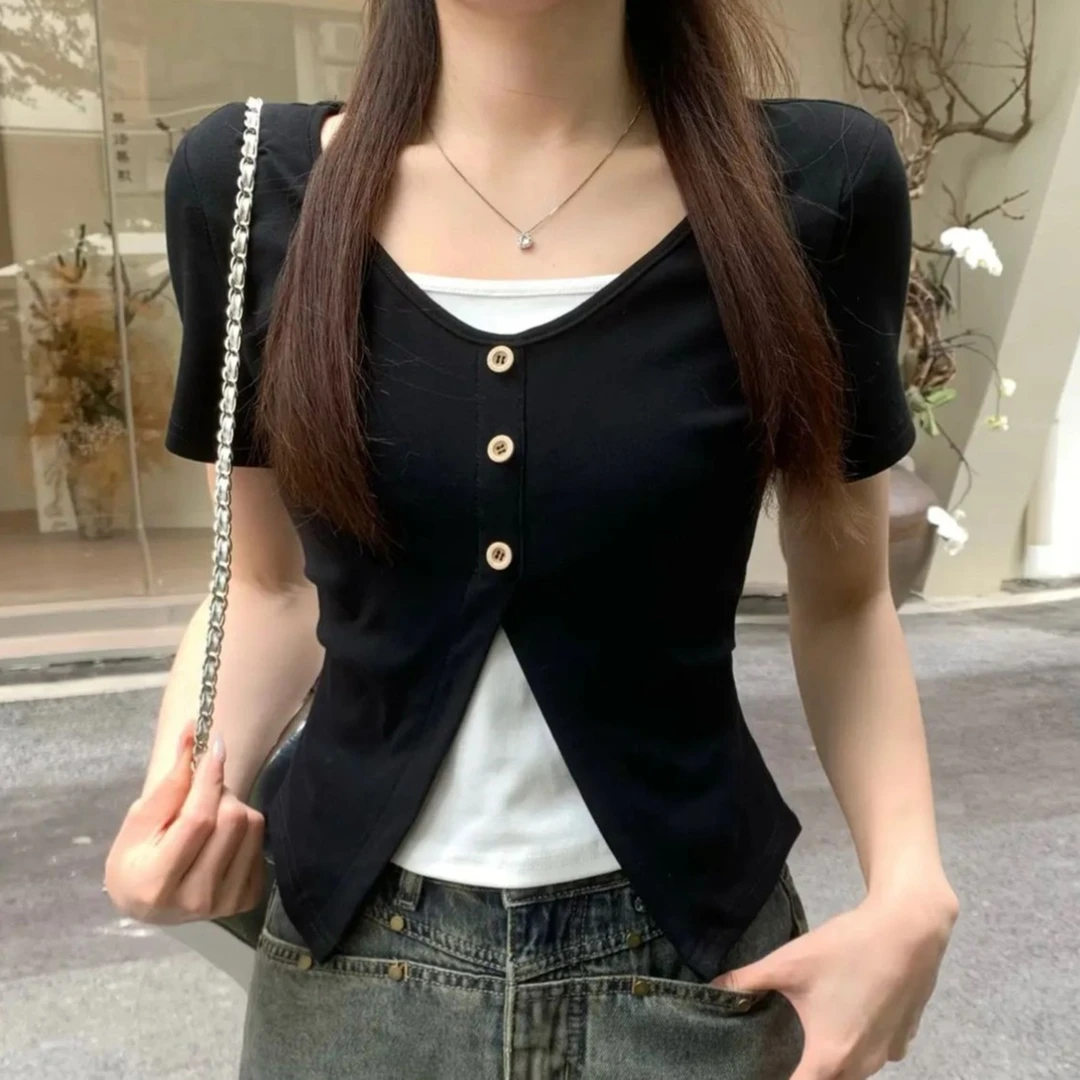 设计感假两件短袖t恤夏季2025新款大码女装时尚减龄显瘦百搭上衣