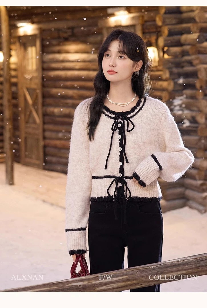 「温绵如语」气质拼色毛衣女装冬季2024新款保暖毛针织上衣L52579