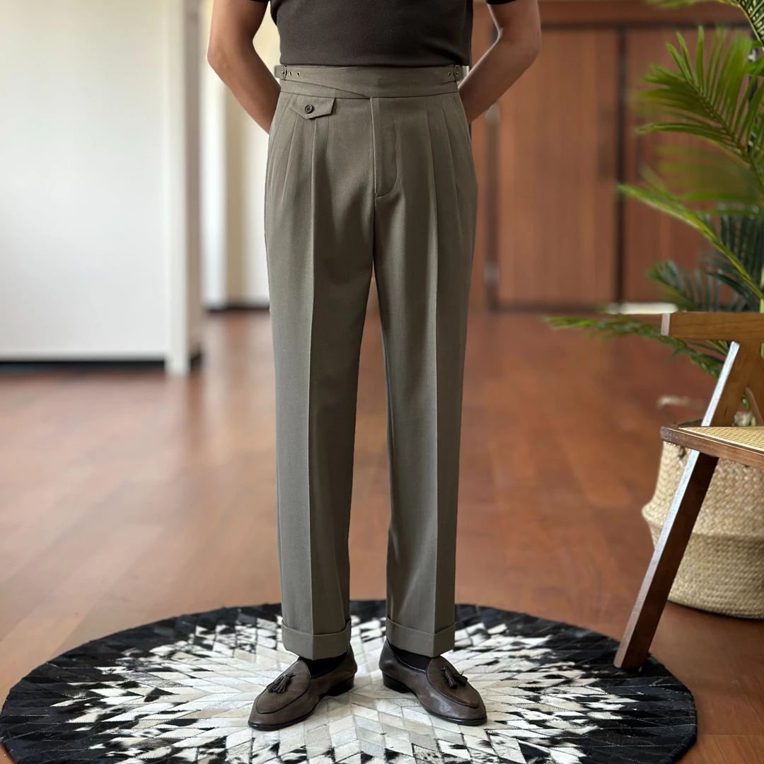 复古伦仕商务通勤百搭双褶西裤廓尔格高腰那不勒斯休闲长裤男