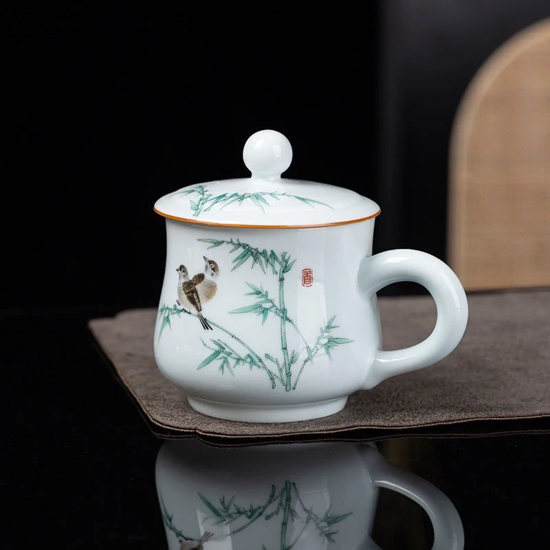 陶瓷水杯青瓷办公室茶杯带把手主人杯带盖喝水杯子家用高档陶瓷杯