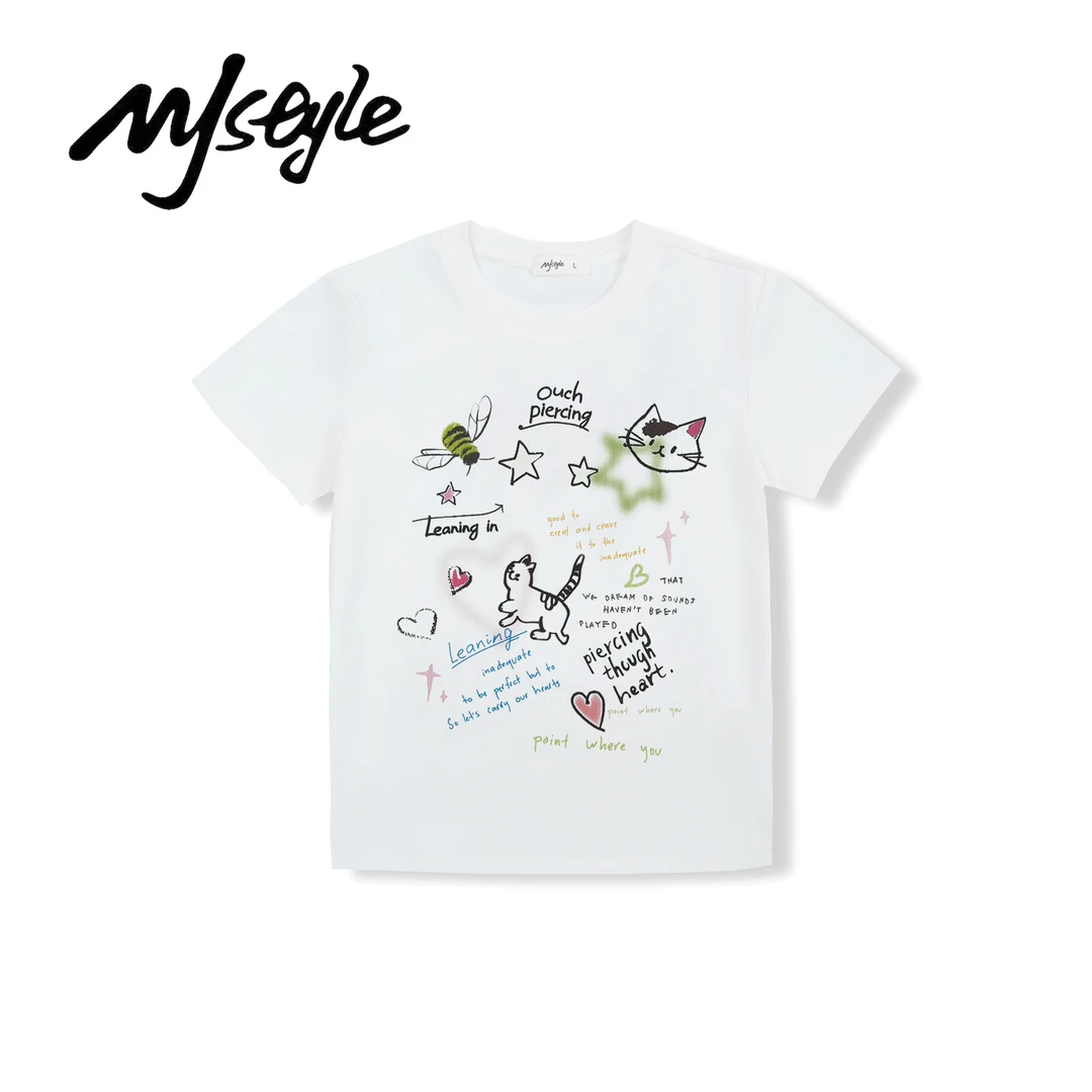 夏季潮牌短袖正肩纯棉涂鸦印花T恤女宽松版型休闲显瘦百搭上衣