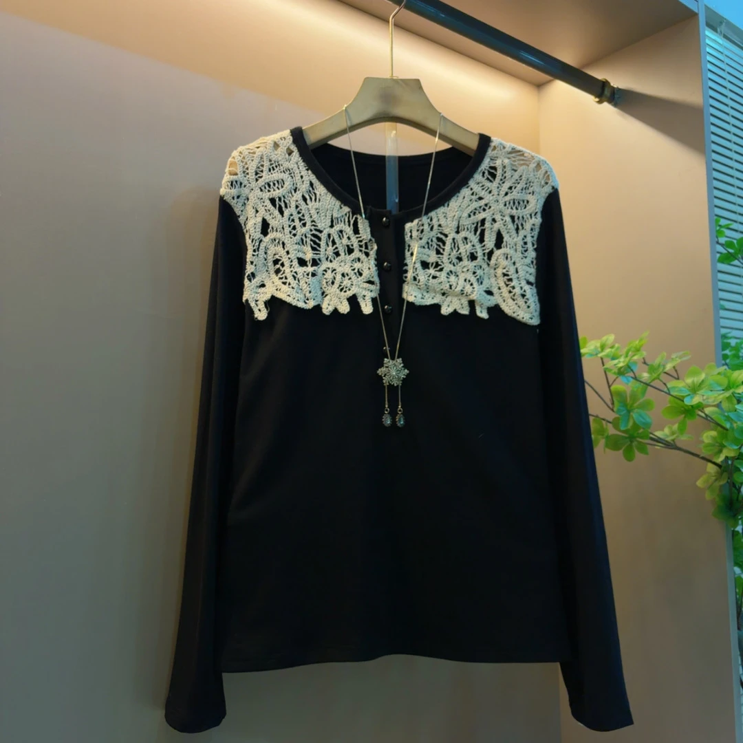 新款拼蕾丝提花显瘦遮肉时尚百搭气质磨毛上衣（衣60左右）