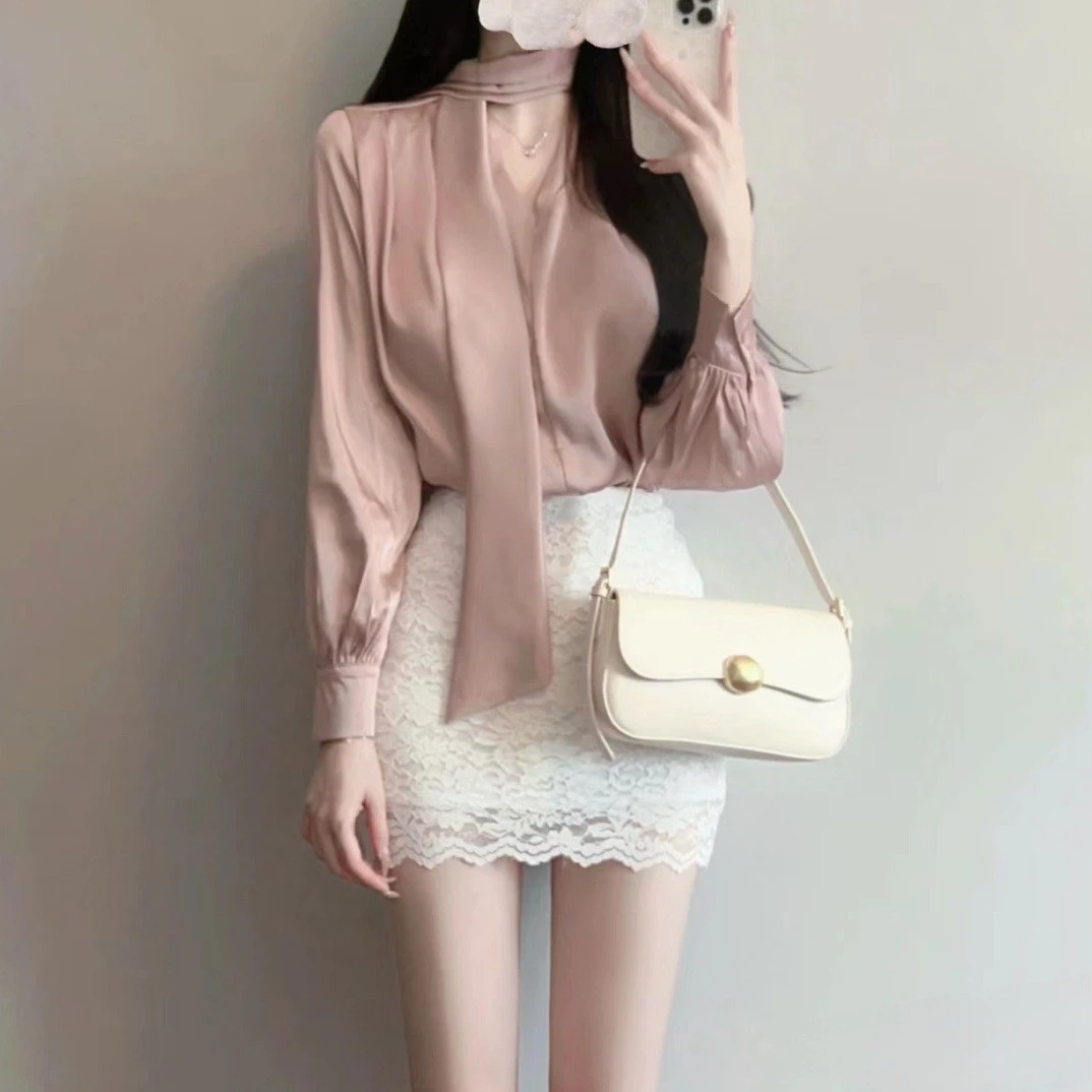 轻熟风套装裙系带衬衫纯欲金秘书飘带长袖上衣时尚包臀短裙两件套