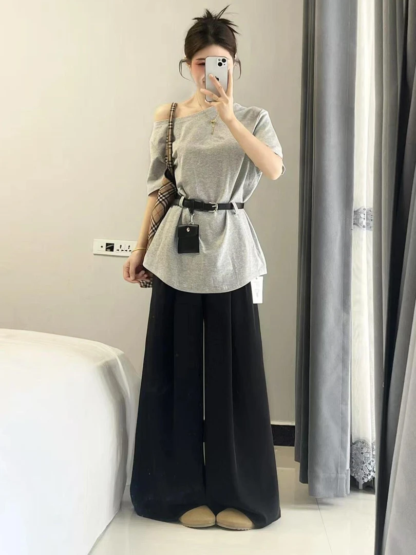2025夏季新款简约宽松百搭时尚斜肩短袖T恤休闲阔腿裤两件套女