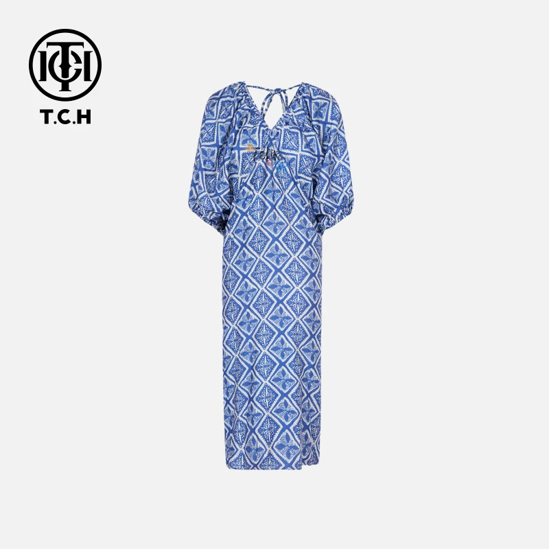 TCH烫钻工艺秋款休闲碎花蓝色连衣裙女T75C30E1051轻奢tch