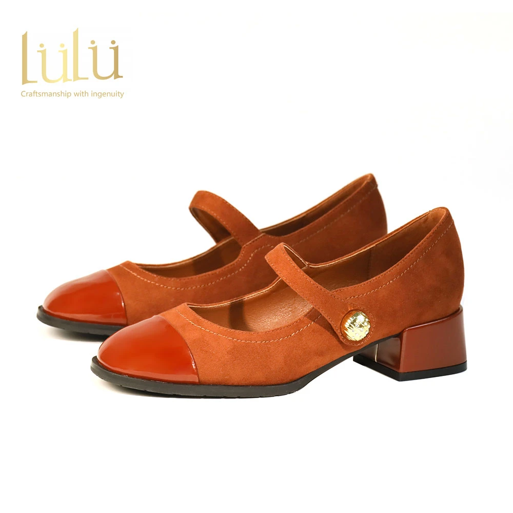 2025新款真皮红色玛丽珍洛丽塔高跟鞋圆头高跟鞋羊皮鞋垫粗跟时尚