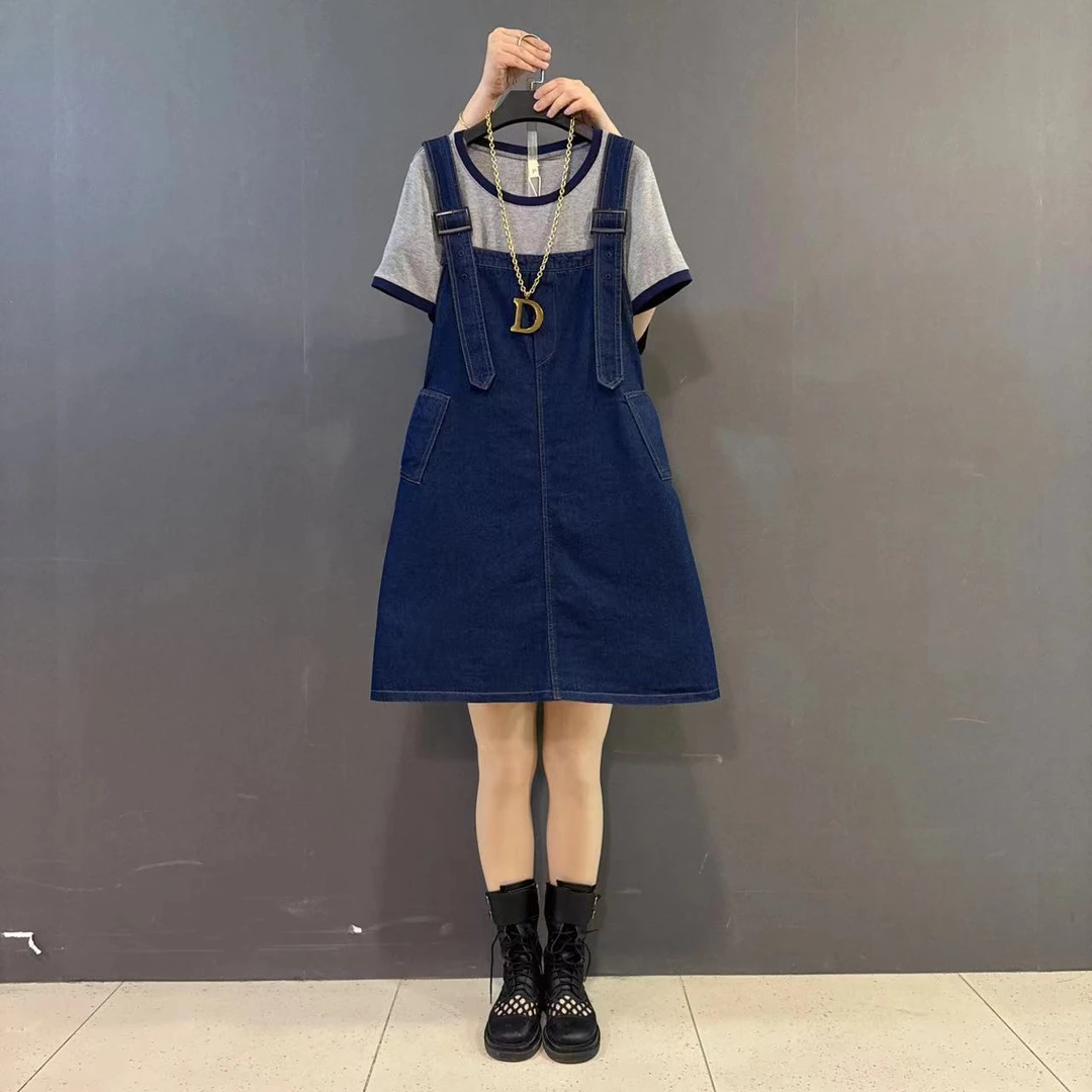 大码新款牛仔背带裙圆领T恤半袖减龄洋气两件套