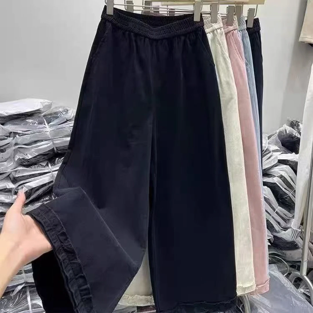 早秋韩版大码女木耳花边直筒九分深秋休闲阔腿女裤显瘦遮肉