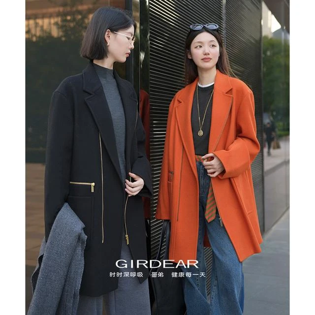 GIRDEAR/哥弟冬新款时尚宽松气质西装领中长款毛呢大衣外套140063