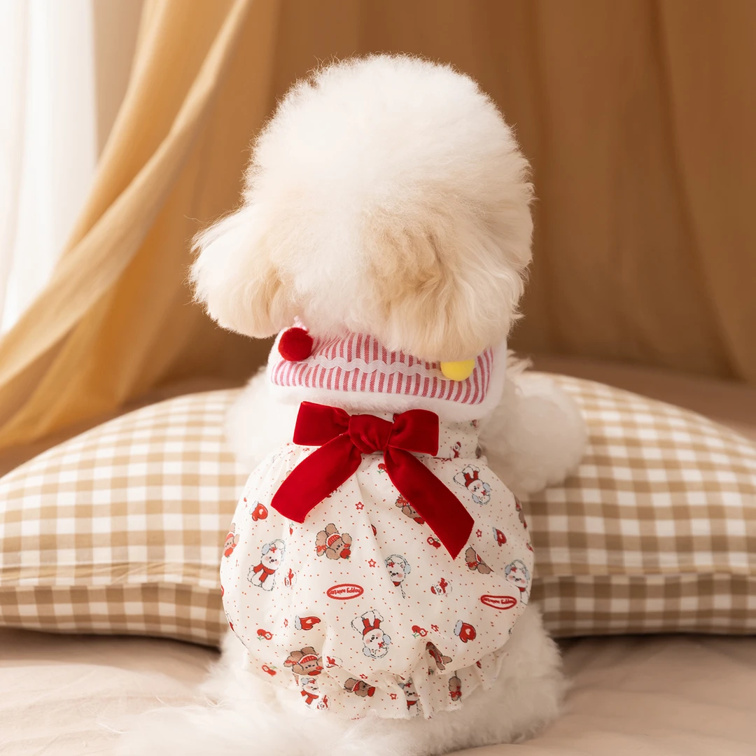 狗狗衣服秋冬季大蝴蝶结满印翻领冬裙保暖童话风泰迪宠物衣服0576