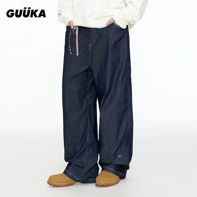 GUUKA潮牌深蓝色美式牛仔男女款廓形直筒裤花卉刺绣阔腿裤X61209