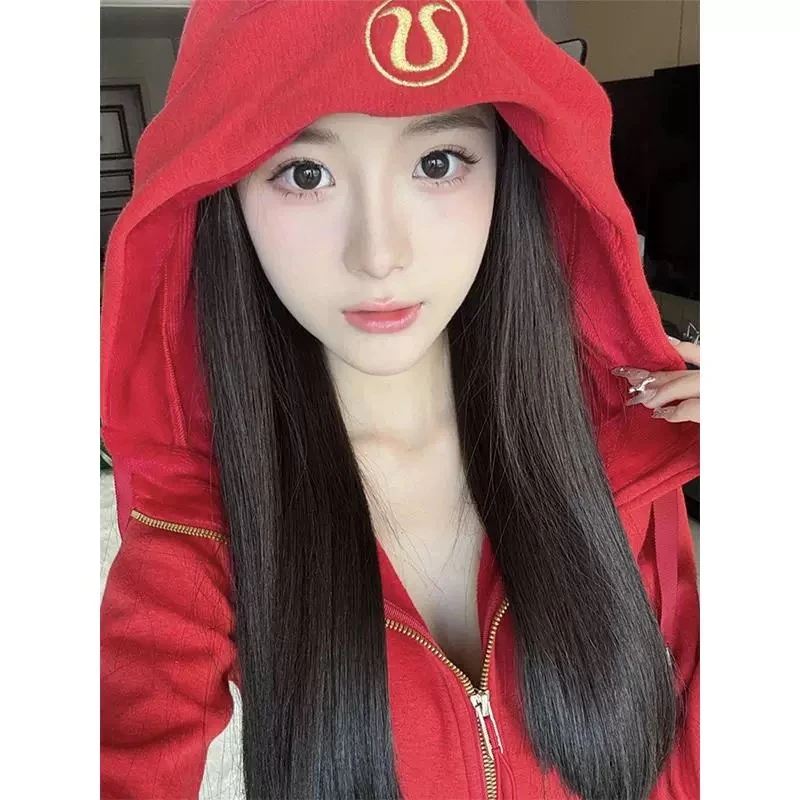 2025秋冬季美式设计感徽标刺绣拉链显瘦连帽卫衣加绒加厚外套上衣