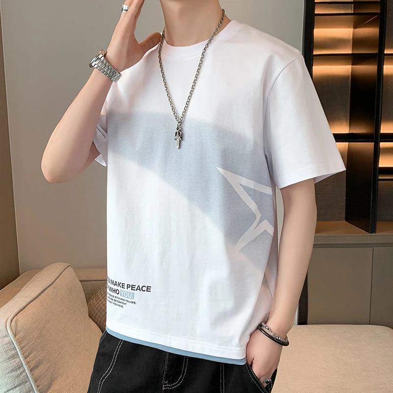 纯棉t恤男夏季新款潮牌宽松圆领印花短袖体恤中青年百搭休闲半袖