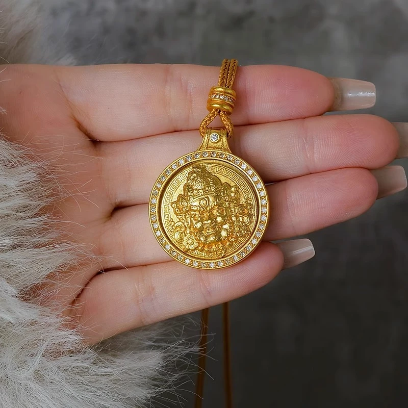 吊坠足银 金店同款黄财神项链五路财神长款毛衣链毛衣吊坠