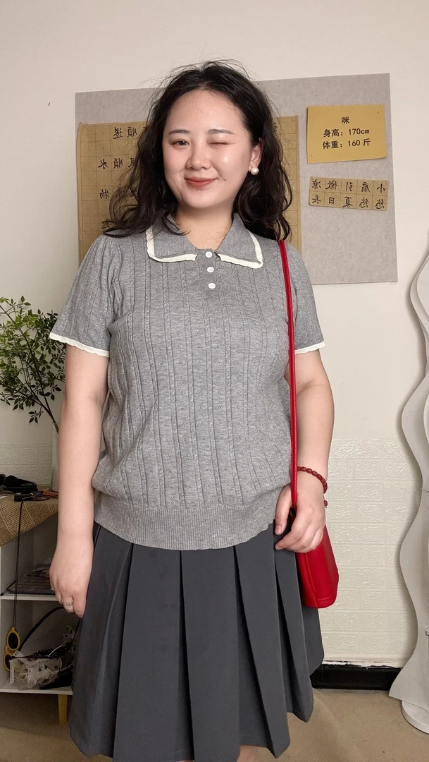 【咪咪首发】901甜美拼色减龄娃娃领针织衫女春季气质百搭短袖上衣