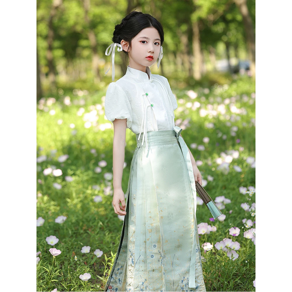 马面裙女童绿色夏款国风新中式搭配泡泡袖上衣小女孩半身裙汉服