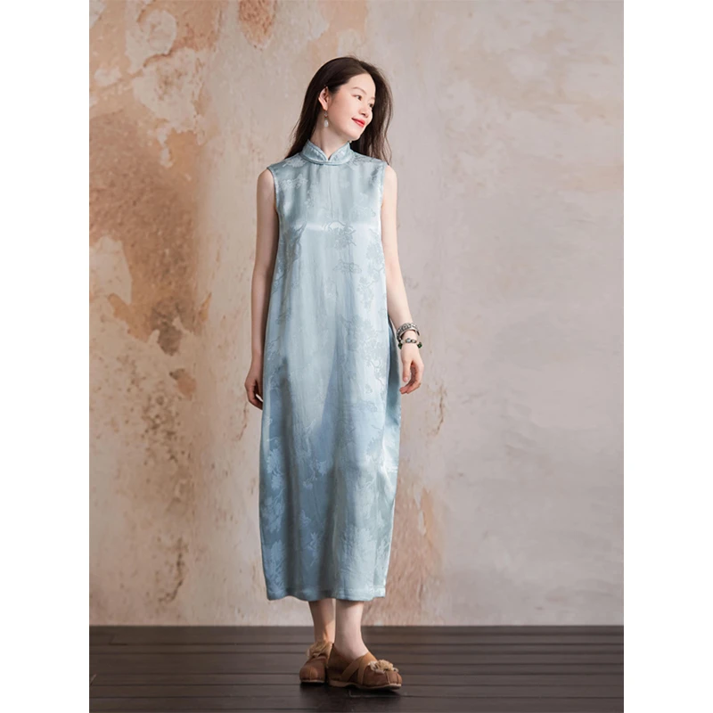 蘭襟【荼蘼诗行】文艺休闲素色无袖式连衣裙夏气质夏季复古新中式