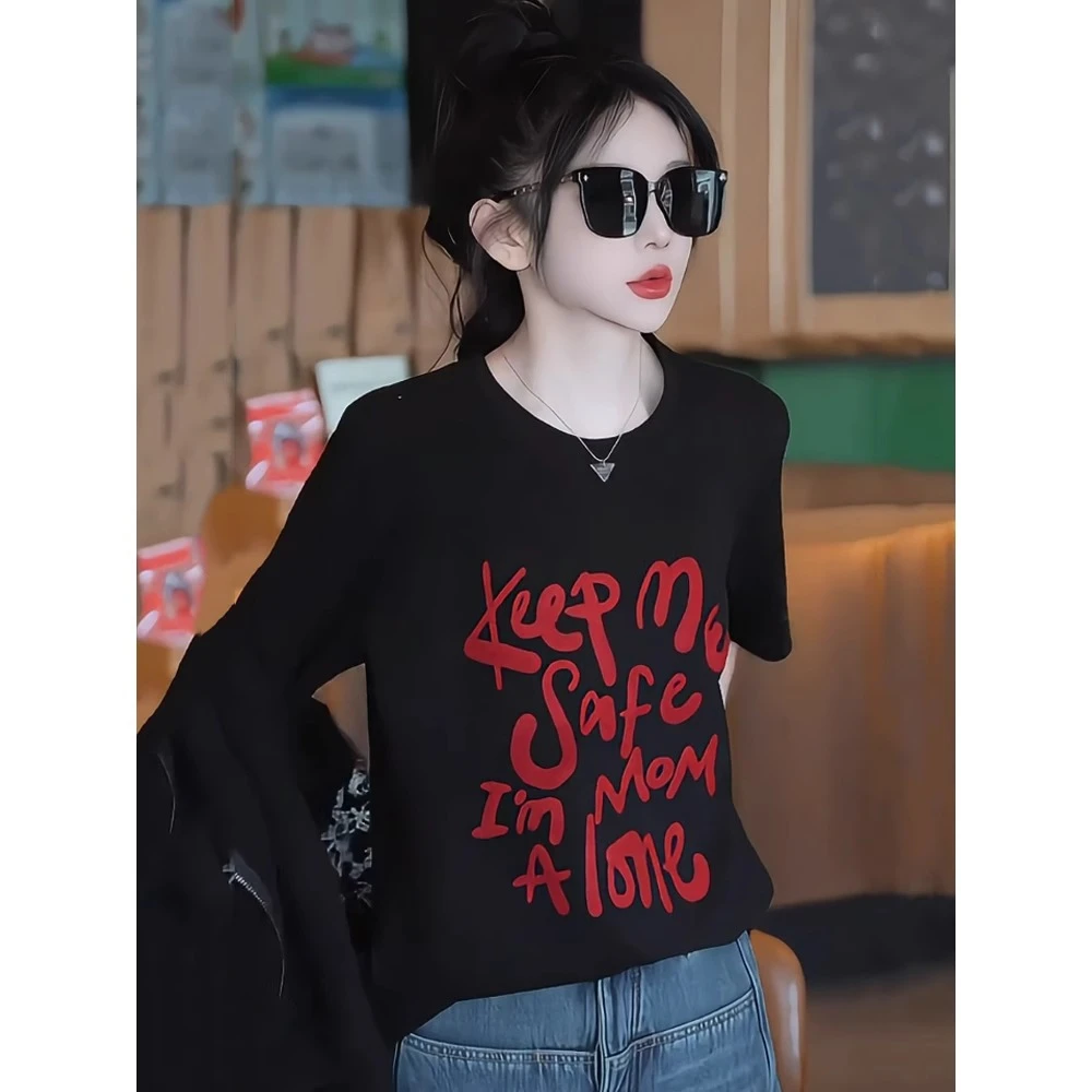 字母印花黑色正肩短袖t恤女2025新款春季内搭打底衫休闲宽松上衣