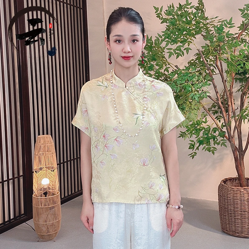 云汐538新中式国风百搭显瘦双面穿透气短袖小衫