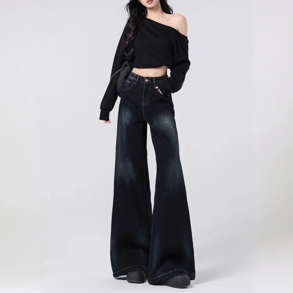 美式复古蓝灰阔腿牛仔裤女2025年春夏新款宽松高腰垂感直筒裤