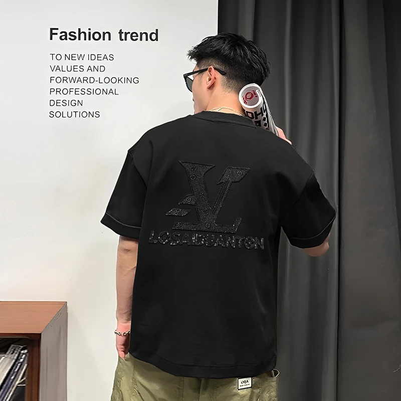 潮牌轻奢男装夏季新款字母浮雕刺绣亮片绣花休闲百搭加大T恤T2086