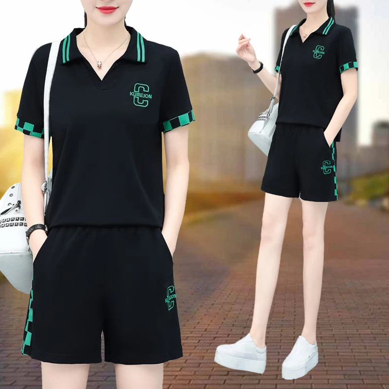 冰丝运动套装女夏季薄款2025新款宽松休闲polo领短袖短裤两件套