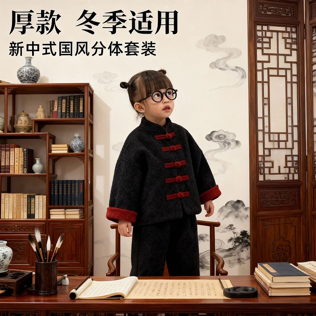 男女童新中式拜年服套装冬装新款儿童时髦洋气国风毛呢外套阔腿裤