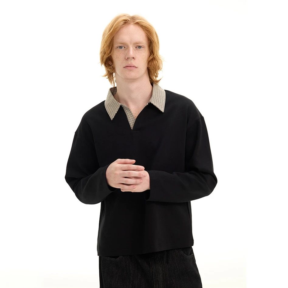 老钱风千鸟格纹拼接polo领空气层翻领长袖T恤秋美式学院风秋季T恤