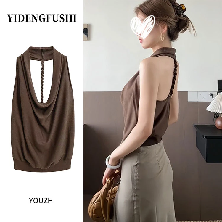 法式扭绳荡领挂脖小吊带背心夏季外穿高级感设计气质露背女上衣潮