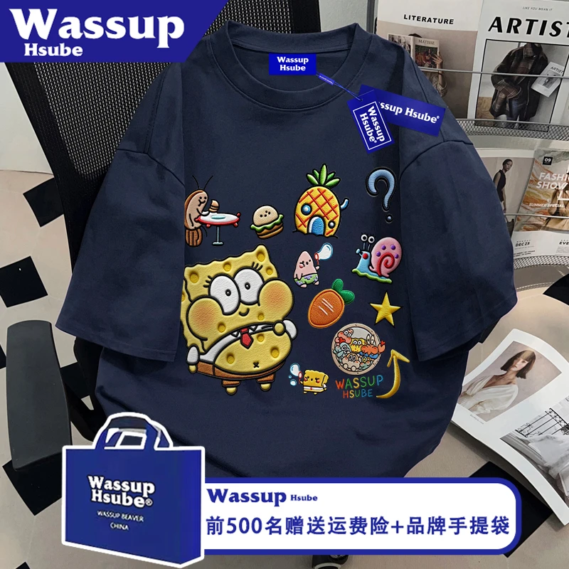 WASSUP HSUBE夏季海绵宝宝印花T恤男女短袖ins藏青情侣装纯棉上衣