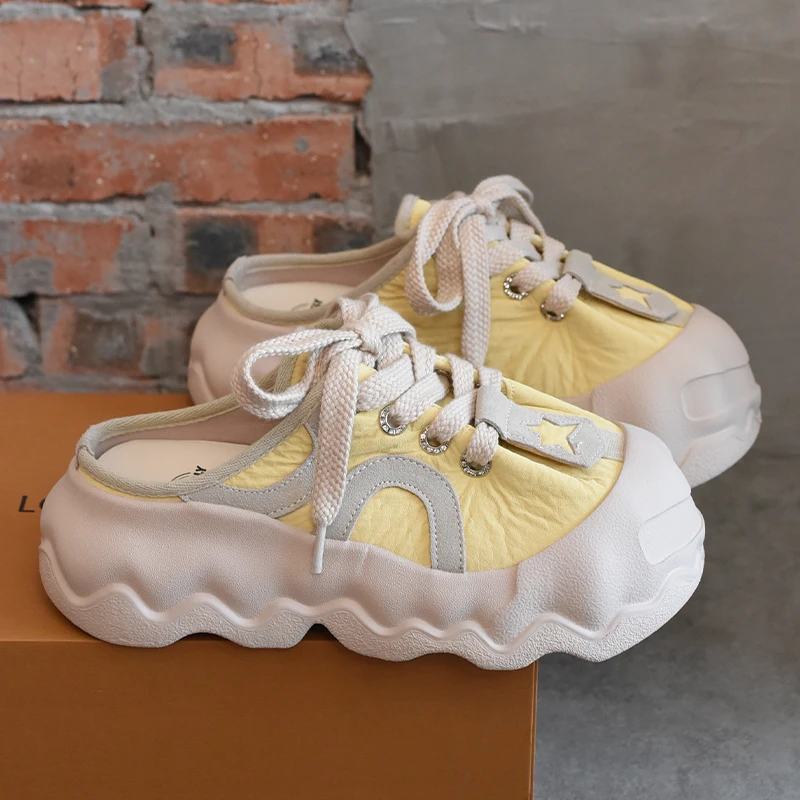 BAHONGLY/栢香妮女鞋2025新款一脚蹬包头半拖鞋女厚底外穿老爹鞋