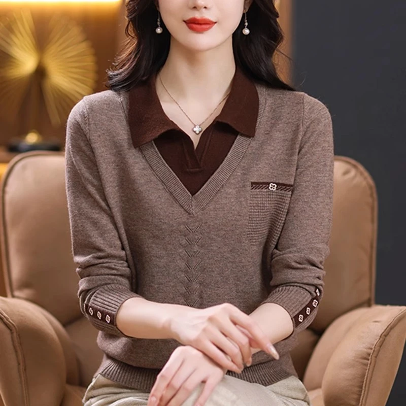 春秋翻领假两件长袖针织衫女套头毛衣显瘦遮肉妈妈装时尚洋气上衣