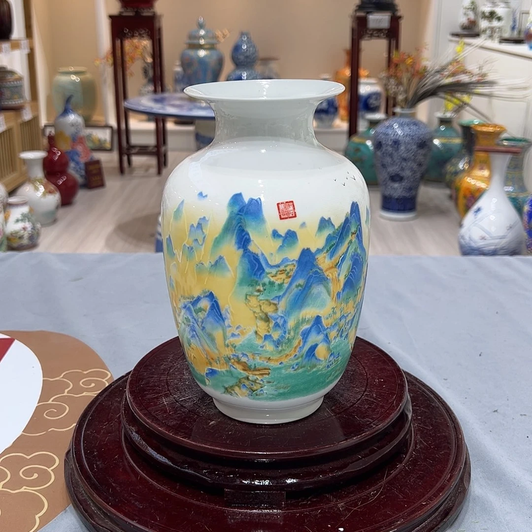 陶摆件22cm千里江山图冬瓜瓶