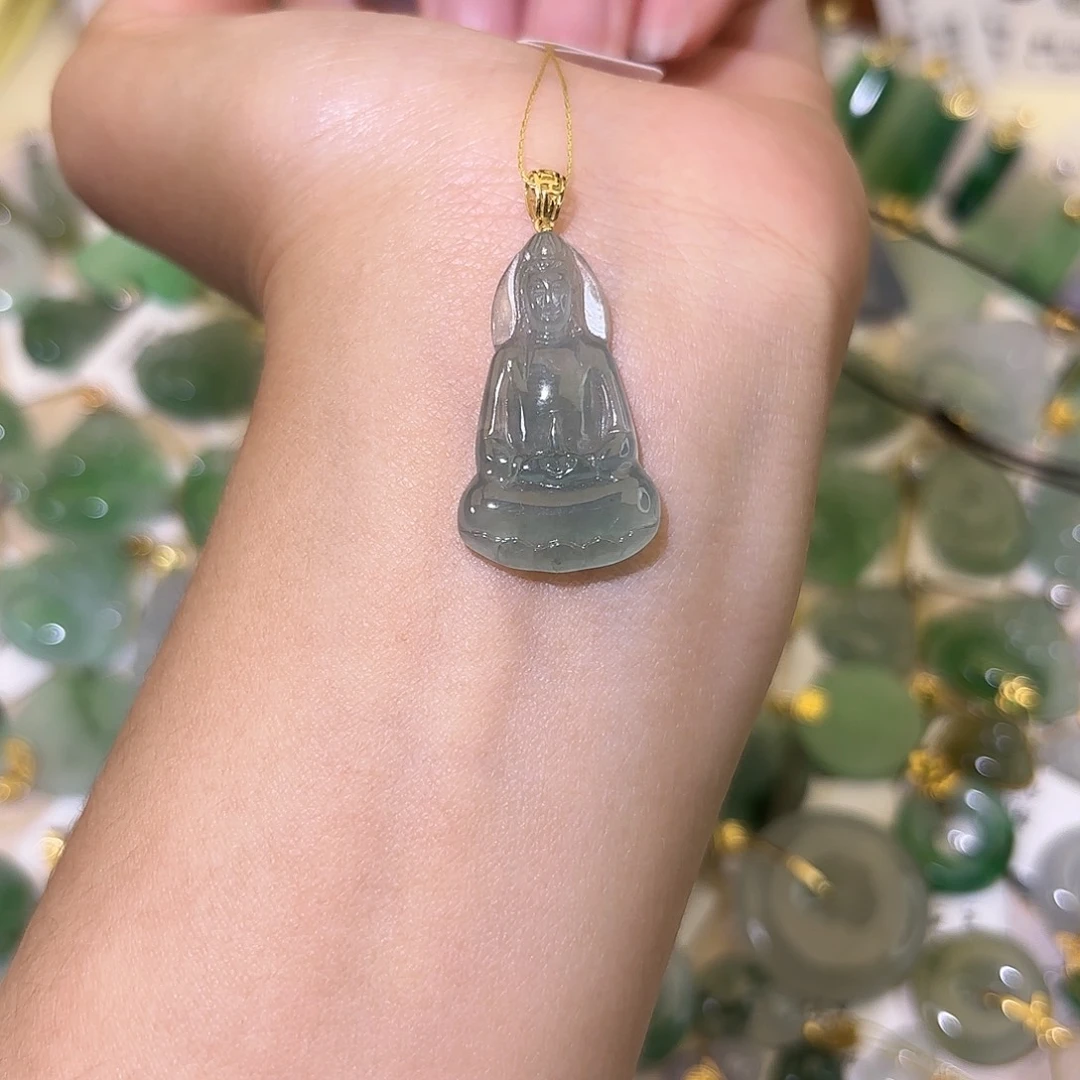 正***甜翡翠18K金镶嵌颈饰观音