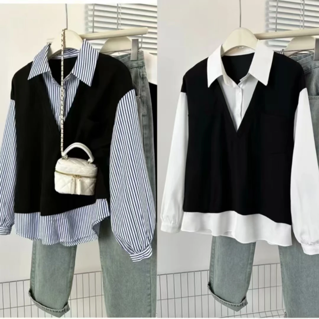 大码胖mm洋气假两件显瘦条纹Polo领衬衫女春季新款宽松藏肉上衣
